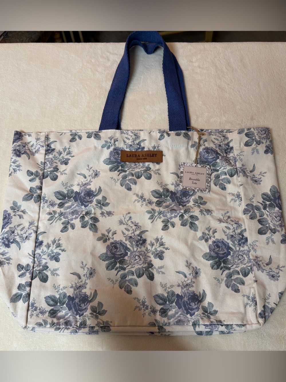 Laura Ashley Cream Floral Tote with Blue Handles